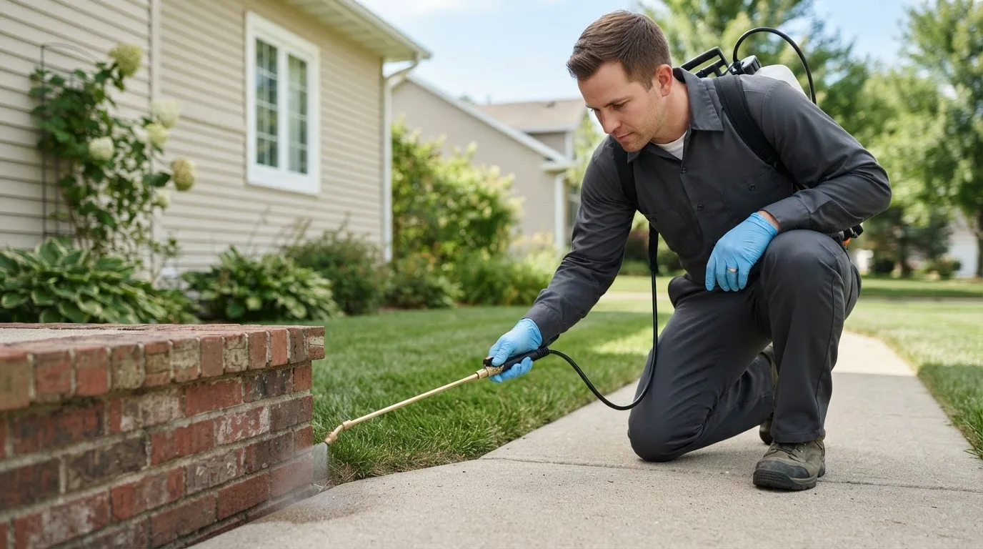 Pest control technician treating a home near Newbury, MA